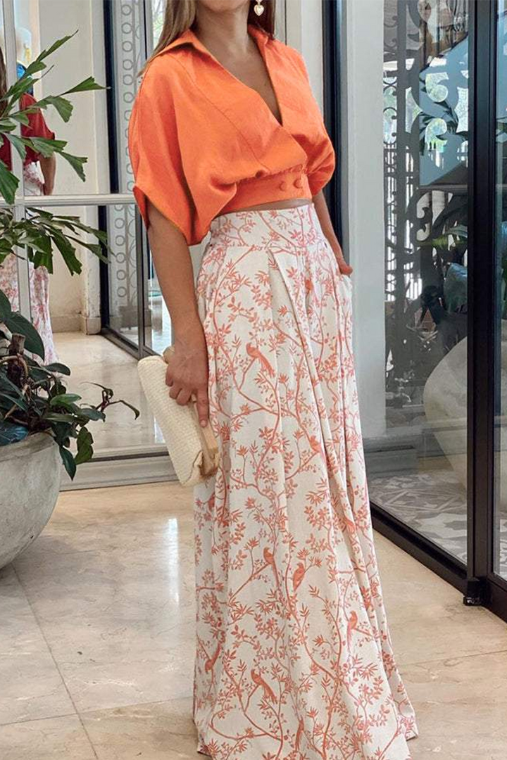 "Ensemble deux pièces femme en satin, crop top manches longues, pantalon palazzo, coloris Mandarine, look raffiné et conforta