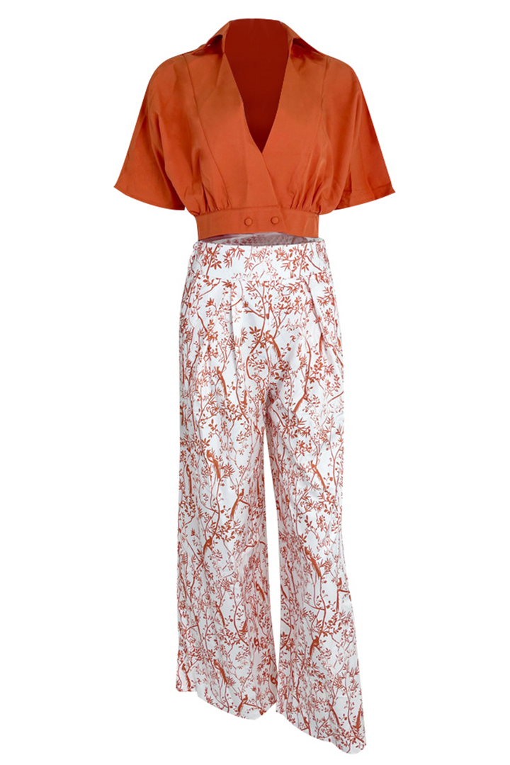 "Ensemble deux pièces femme en satin, crop top manches longues, pantalon palazzo, coloris Mandarine, look raffiné et conforta