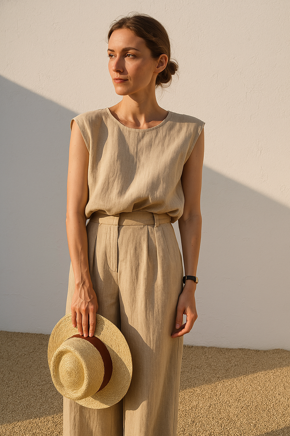 "Ensemble en lin féminin élégant, blouse V-neck fluide, pantalon taille haute, chic et confortable pour l'été."