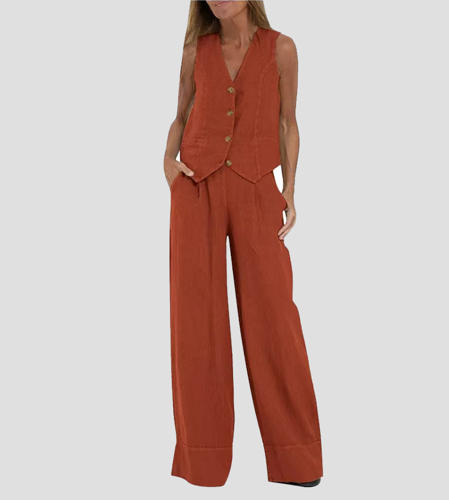 Ensemble en lin sans manches femme, gilet V en lin naturel, pantalon ample fluide, élégance décontractée et respirabilité.