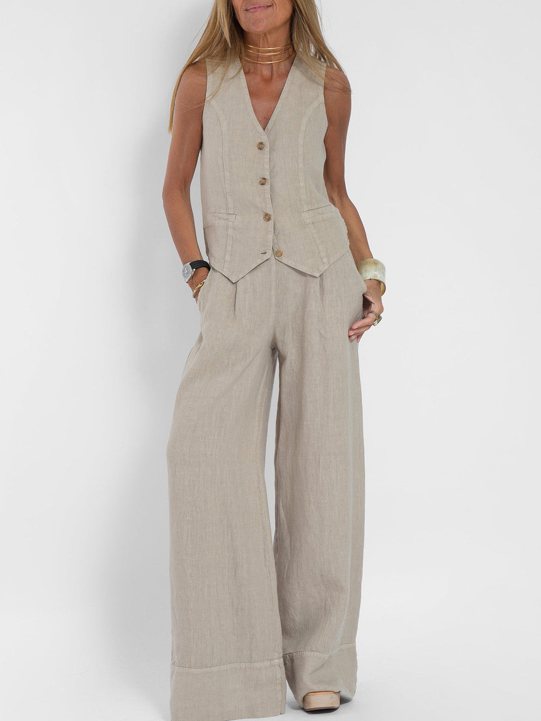 Ensemble en lin sans manches femme, gilet V en lin naturel, pantalon ample fluide, élégance décontractée et respirabilité.
