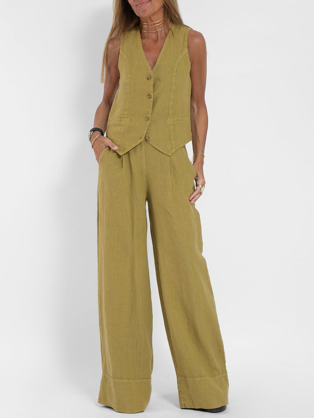 Ensemble en lin sans manches femme, gilet V en lin naturel, pantalon ample fluide, élégance décontractée et respirabilité.