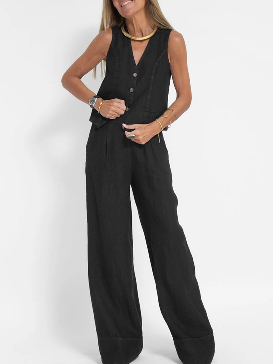 Ensemble en lin sans manches femme, gilet V en lin naturel, pantalon ample fluide, élégance décontractée et respirabilité.