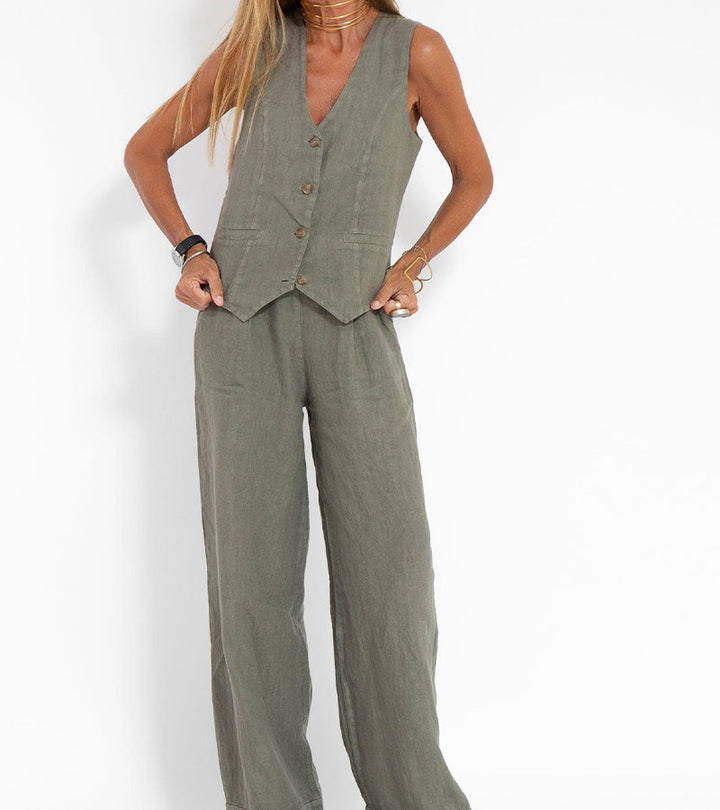 Ensemble en lin sans manches femme, gilet V en lin naturel, pantalon ample fluide, élégance décontractée et respirabilité.