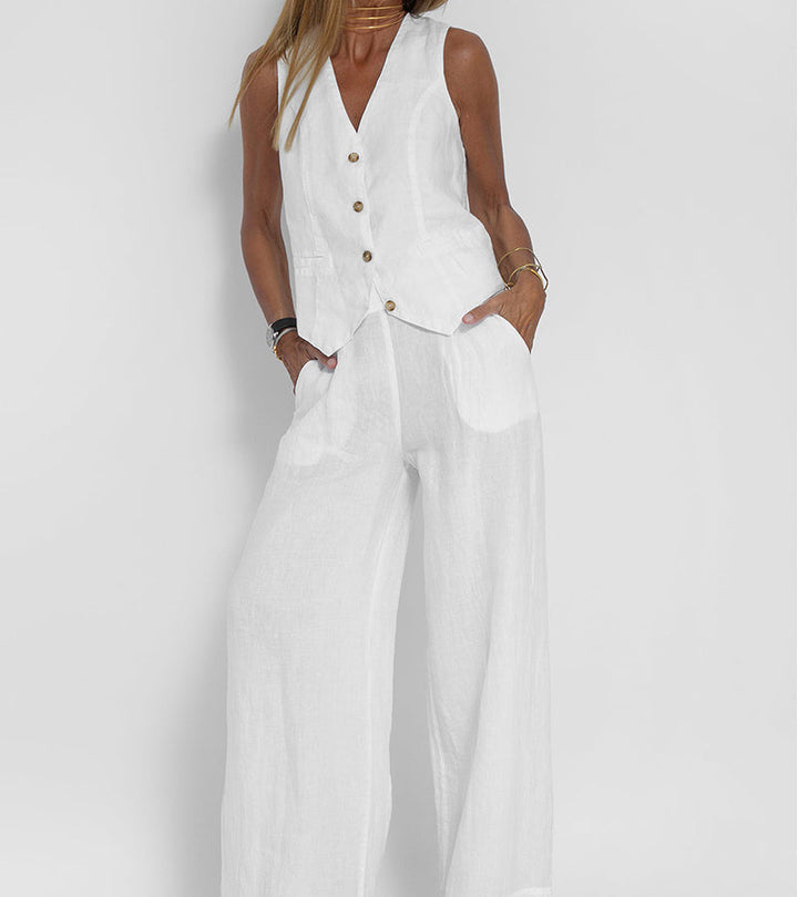 Ensemble en lin sans manches femme, gilet V en lin naturel, pantalon ample fluide, élégance décontractée et respirabilité.