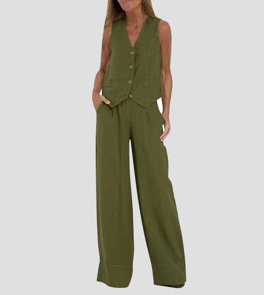 Ensemble en lin sans manches femme, gilet V en lin naturel, pantalon ample fluide, élégance décontractée et respirabilité.