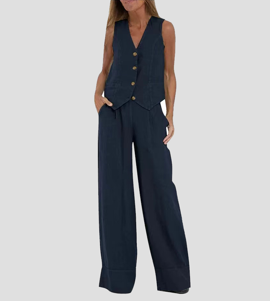 Ensemble en lin sans manches femme, gilet V en lin naturel, pantalon ample fluide, élégance décontractée et respirabilité.