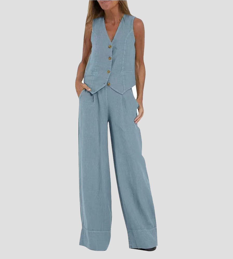 Ensemble en lin sans manches femme, gilet V en lin naturel, pantalon ample fluide, élégance décontractée et respirabilité.