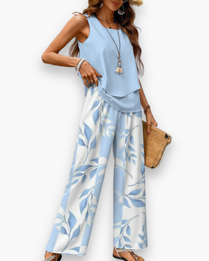 "Ensemble estival fluide pour femme, coupe élégante, haut sans manches, idéal pour look chic et confort par temps chaud."
