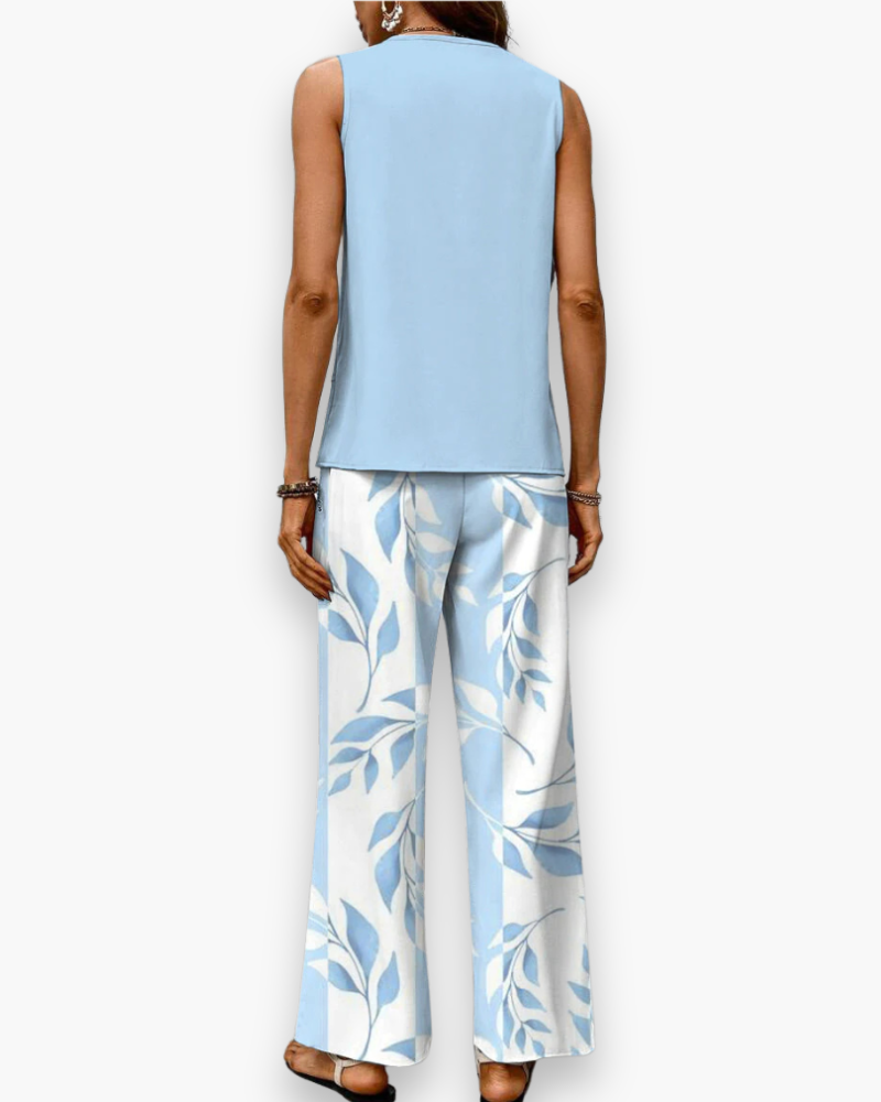 "Ensemble estival fluide pour femme, coupe élégante, haut sans manches, idéal pour look chic et confort par temps chaud."