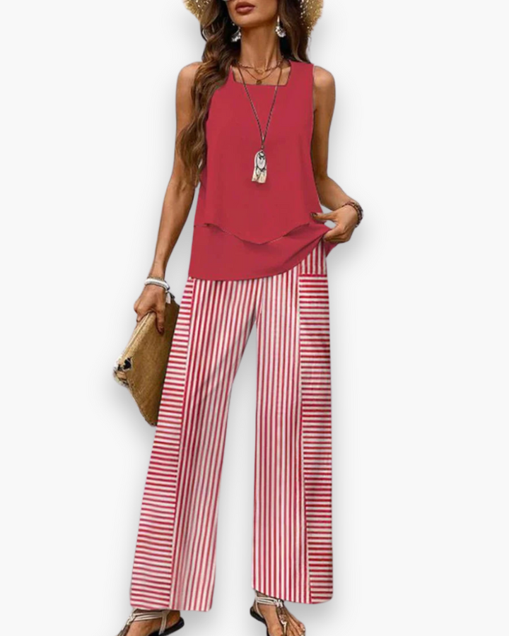 "Ensemble estival fluide pour femme, coupe élégante, haut sans manches, idéal pour look chic et confort par temps chaud."
