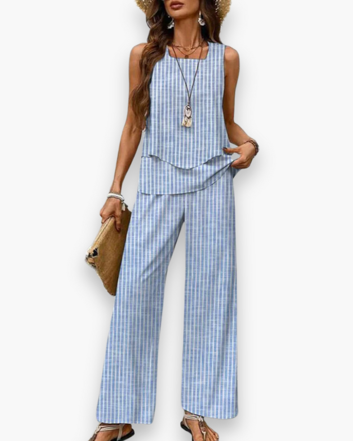 "Ensemble estival fluide pour femme, coupe élégante, haut sans manches, idéal pour look chic et confort par temps chaud."