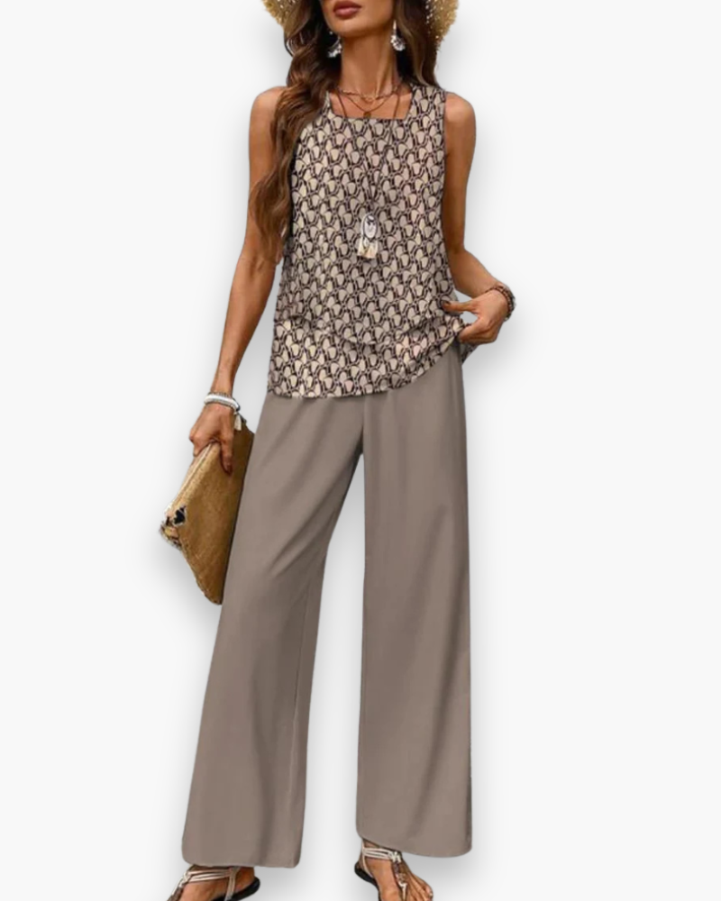 "Ensemble estival fluide pour femme, coupe élégante, haut sans manches, idéal pour look chic et confort par temps chaud."