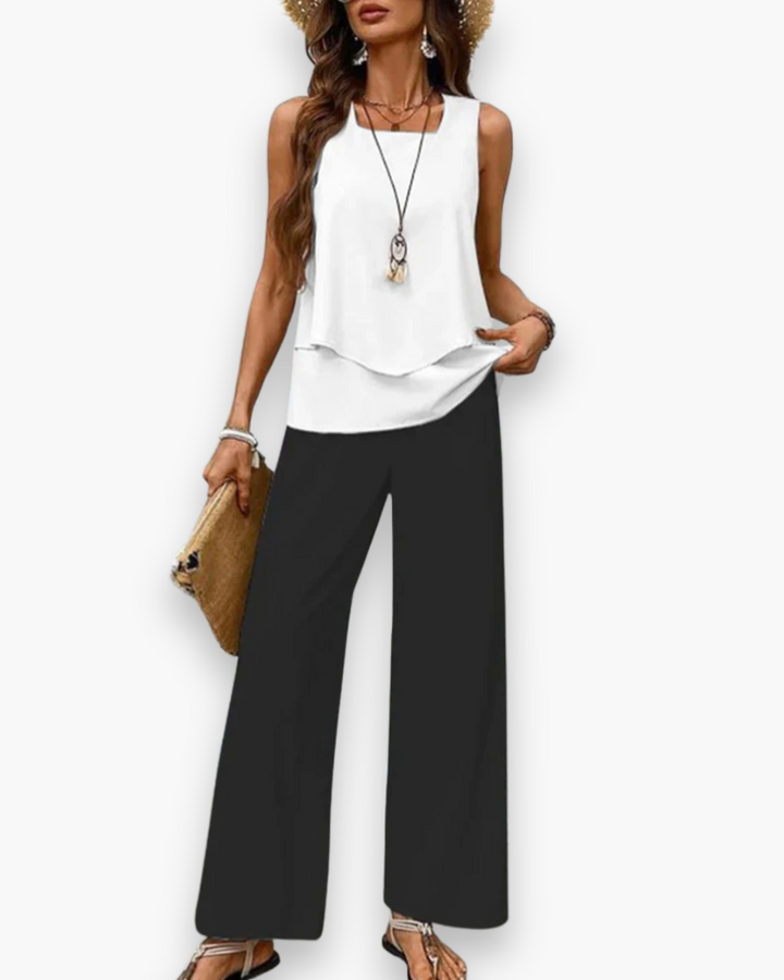"Ensemble estival fluide pour femme, coupe élégante, haut sans manches, idéal pour look chic et confort par temps chaud."