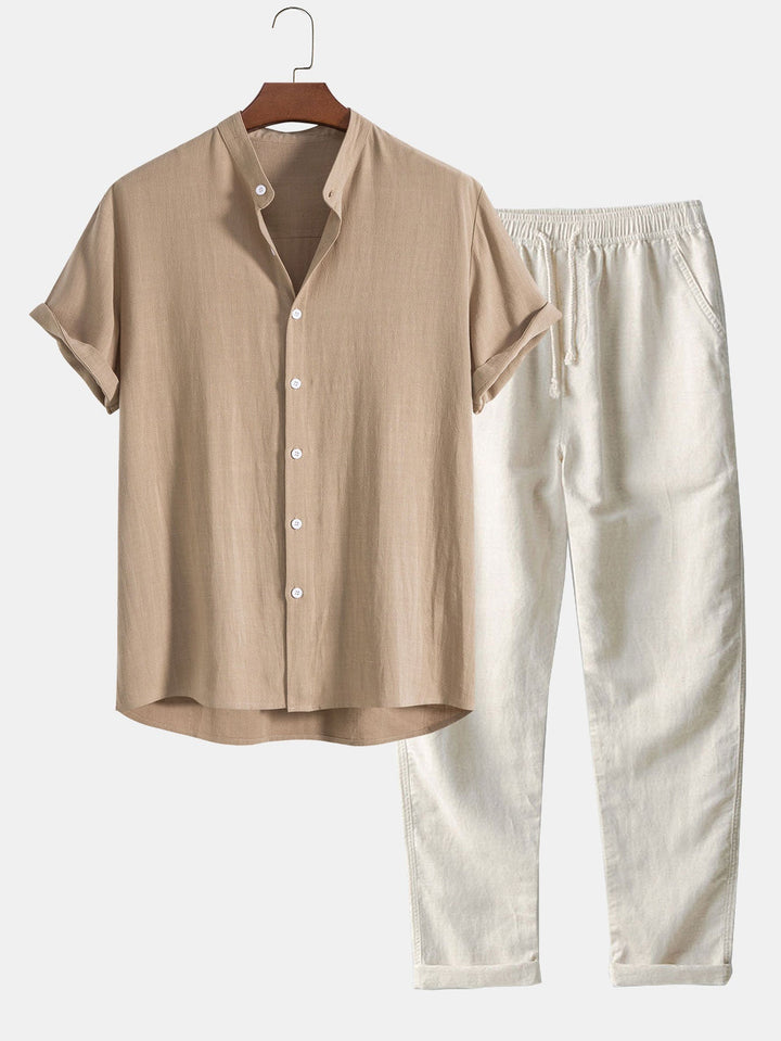 Ensemble estival homme en lin, chemise et pantalon, parfait pour l'été. Confortable et chic.