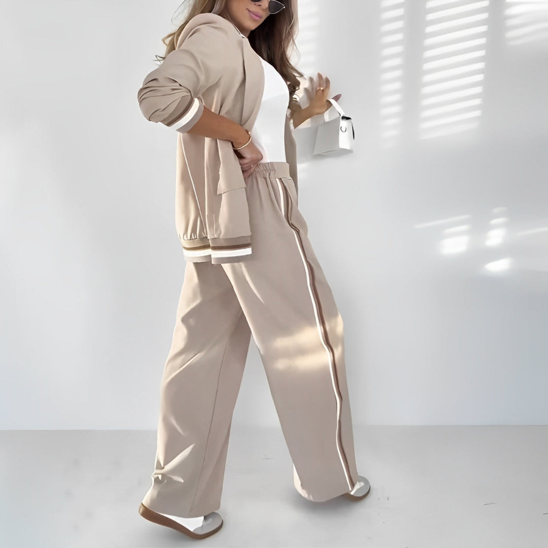 Ensemble femme polyvalent: blazer ajusté et pantalon ample. Créez des tenues professionnelles ou chic décontracté.