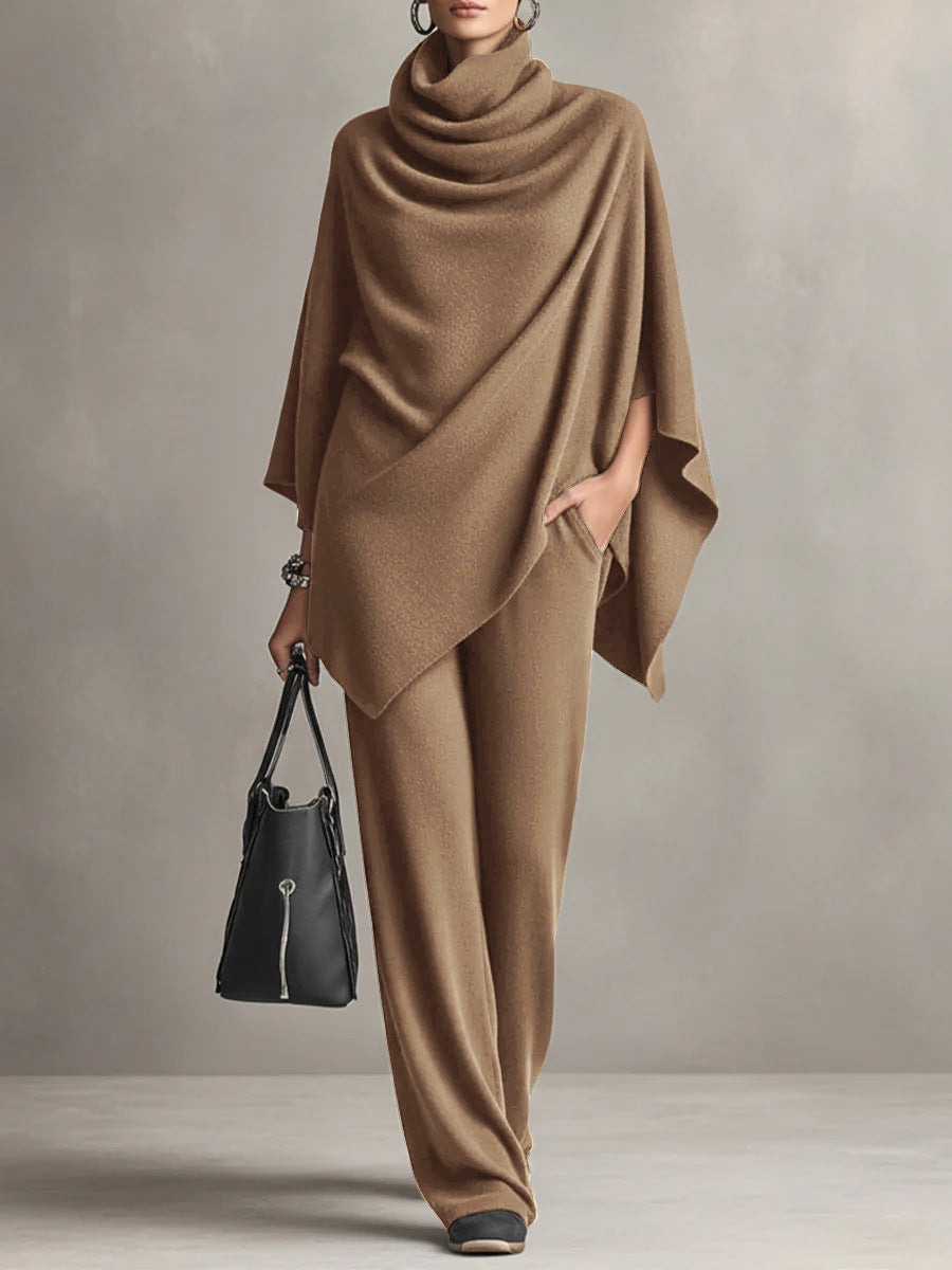 Tenue coordonnée femme drapée élégante, pantalon large fluide, parfaite pour soirées.