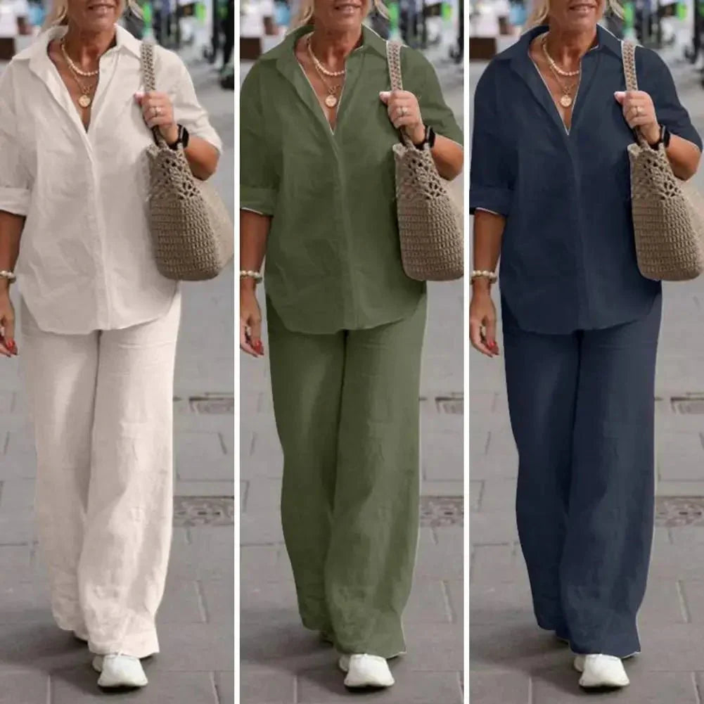 Ensemble femme chic et décontracté, haut boutonné manches courtes et pantalon large fluide. Parfait pour l'été.