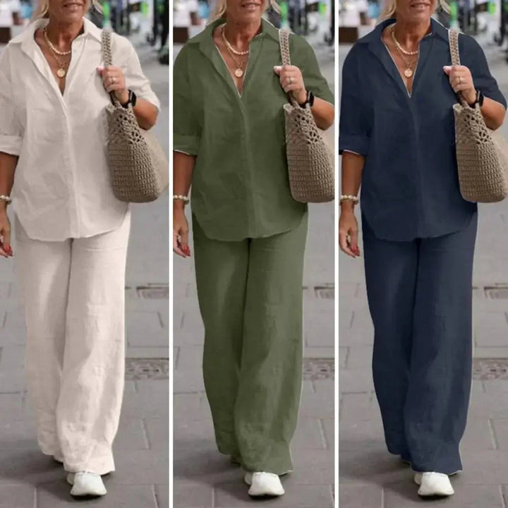 Ensemble femme chic et décontracté, haut boutonné manches courtes et pantalon large fluide. Parfait pour l'été.