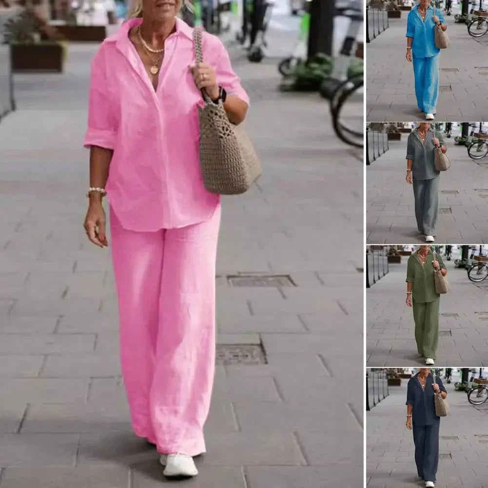 Tenue deux pièces femme : haut décontracté boutonné manches courtes et pantalon large fluide, idéal pour l'été.