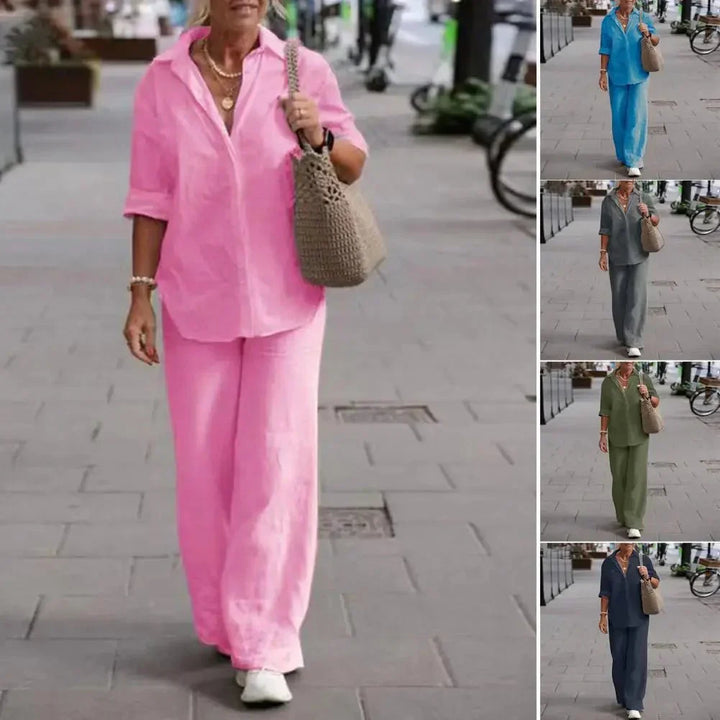 Tenue deux pièces femme : haut décontracté boutonné manches courtes et pantalon large fluide, idéal pour l'été.