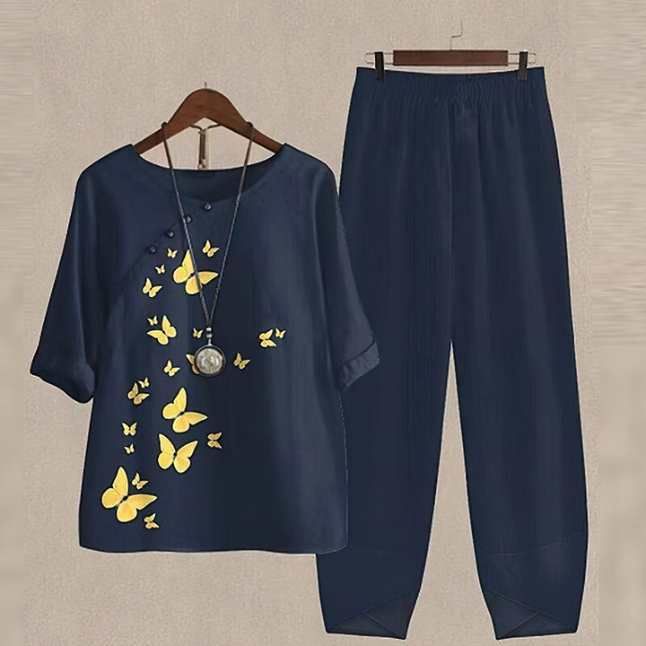 Ensemble femme imprimé printemps, manches 5/4. Style élégant et confortable pour une tenue décontractée.