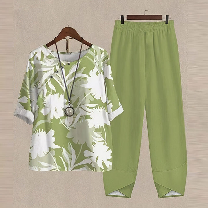 Tenue décontractée chic femme, ensemble imprimé printanier avec manches 5/4. Très élégant et confortable.
