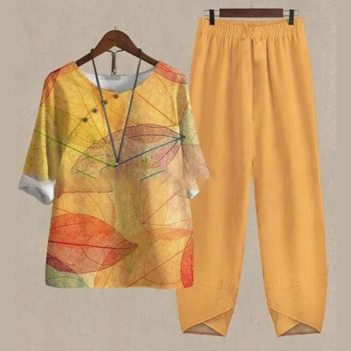 Ensemble femme imprimé printemps, manches 5/4. Tenue décontractée élégante, disponible en grande taille.