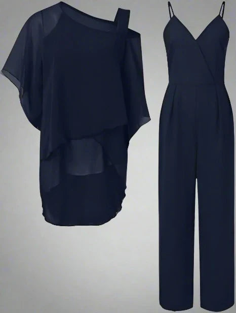 Ensemble femme élégant jumpsuit & blouse asymétrique fluide pour soirées et événements spéciaux.