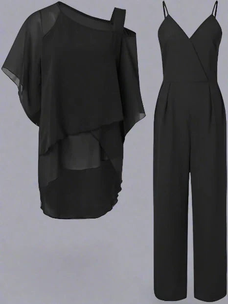 Combinaison femme chic fluide avec blouse asymétrique, tenue de soirée élégante.