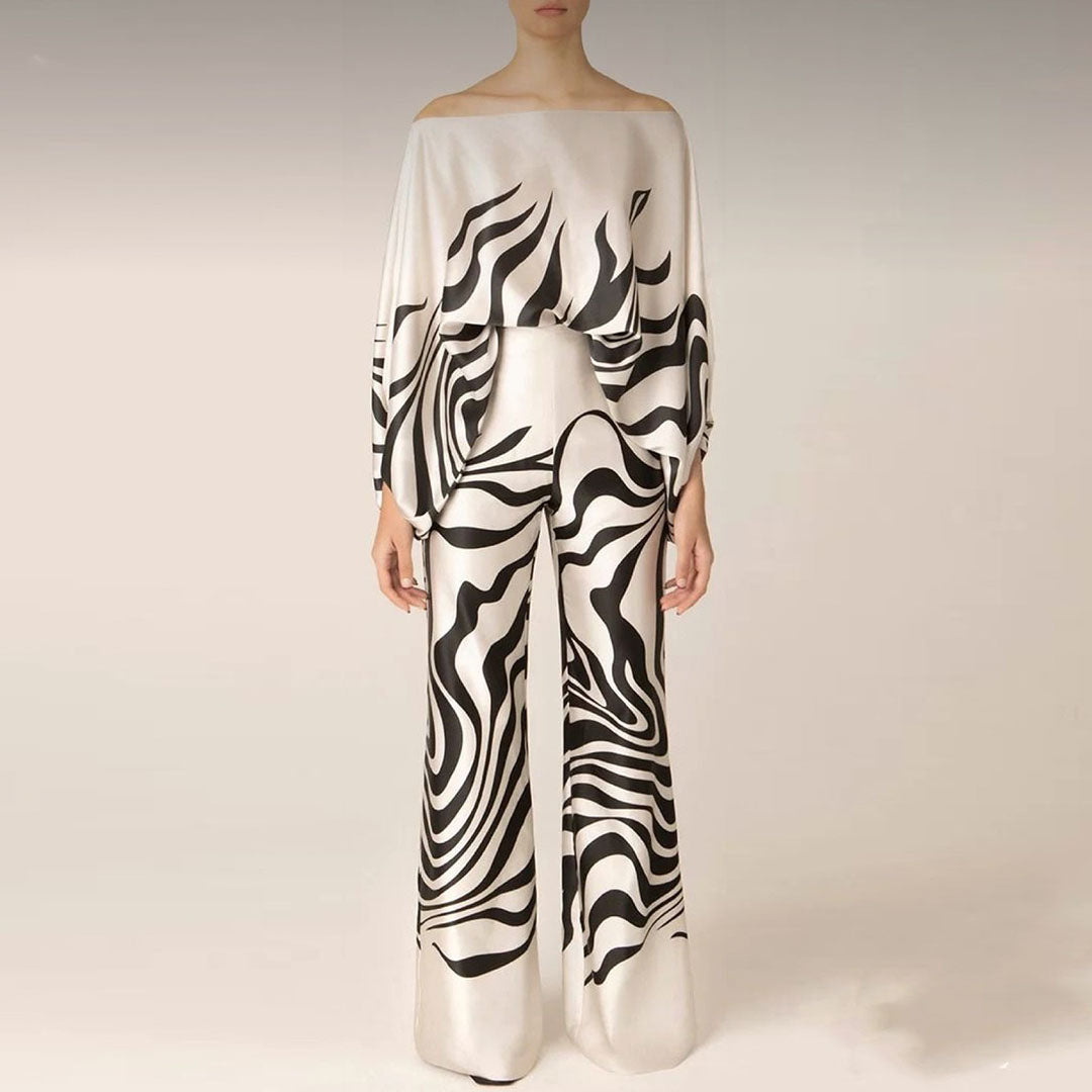 Ensemble femme élégant pantalon large, deux pièces moderne, idéal tenue chic et confortable.