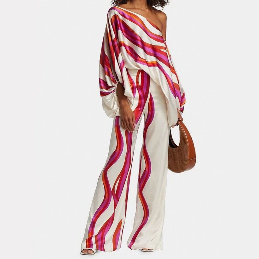 Tenue moderne femme ensemble pantalon large avec motif 3D unique, chic et confortable pour toutes occasions.