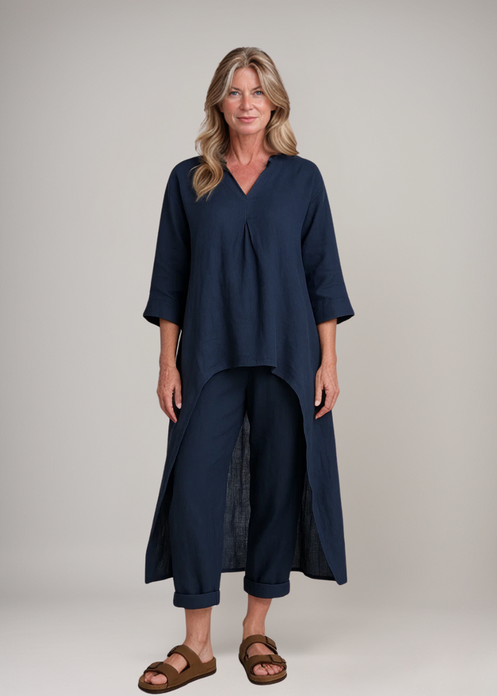 Ensemble femme tunique & pantalon fluide lin coton été. Élégance décontractée style méditerranéen.