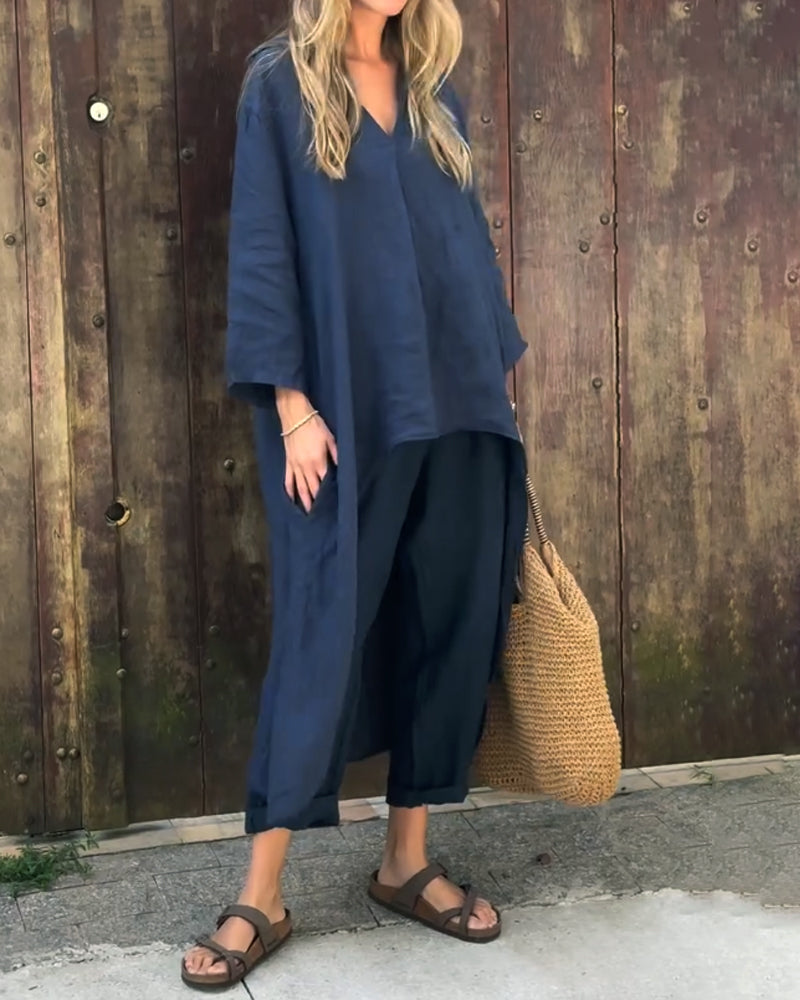 Tunique fluide et pantalon large femme en lin coton. Ensemble élégant et confortable, idéal pour la saison estivale.