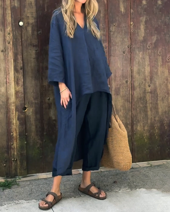 Tunique fluide et pantalon large femme en lin coton. Ensemble élégant et confortable, idéal pour la saison estivale.