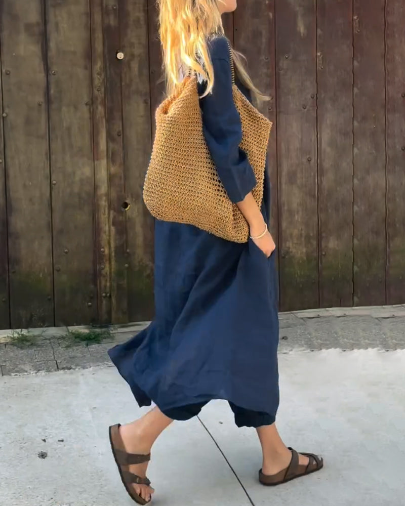 Ensemble femme en lin coton respirant. Tunique décontractée et pantalon léger pour un confort estival optimal.