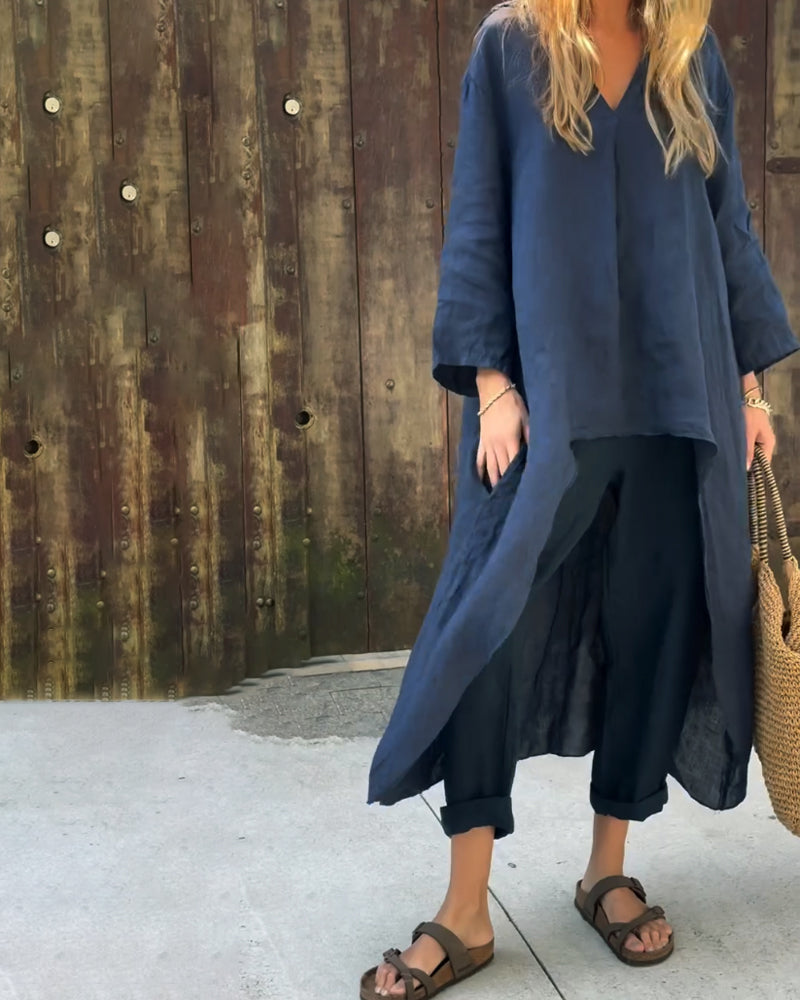 Tenue d'été femme fluide: tunique longue et pantalon droit en lin coton. Look méditerranéen élégant et confortable.