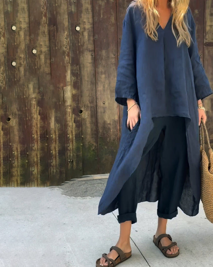 Tenue d'été femme fluide: tunique longue et pantalon droit en lin coton. Look méditerranéen élégant et confortable.