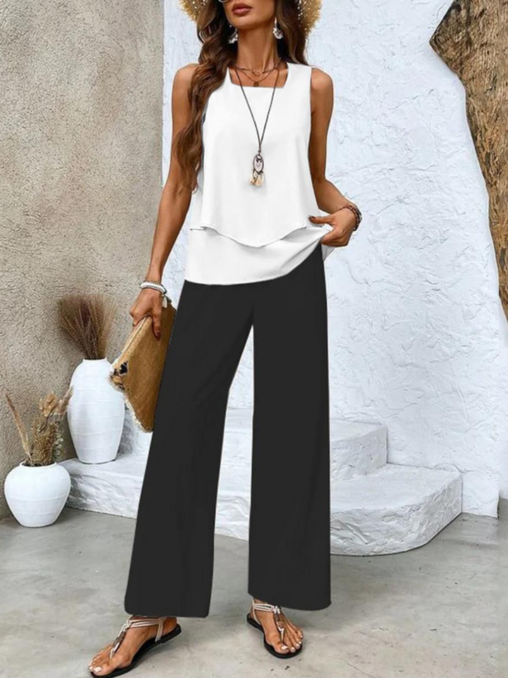 Ensemble femme floral décontracté chic, haut et pantalon confortables, idéal pour le quotidien ou sorties.