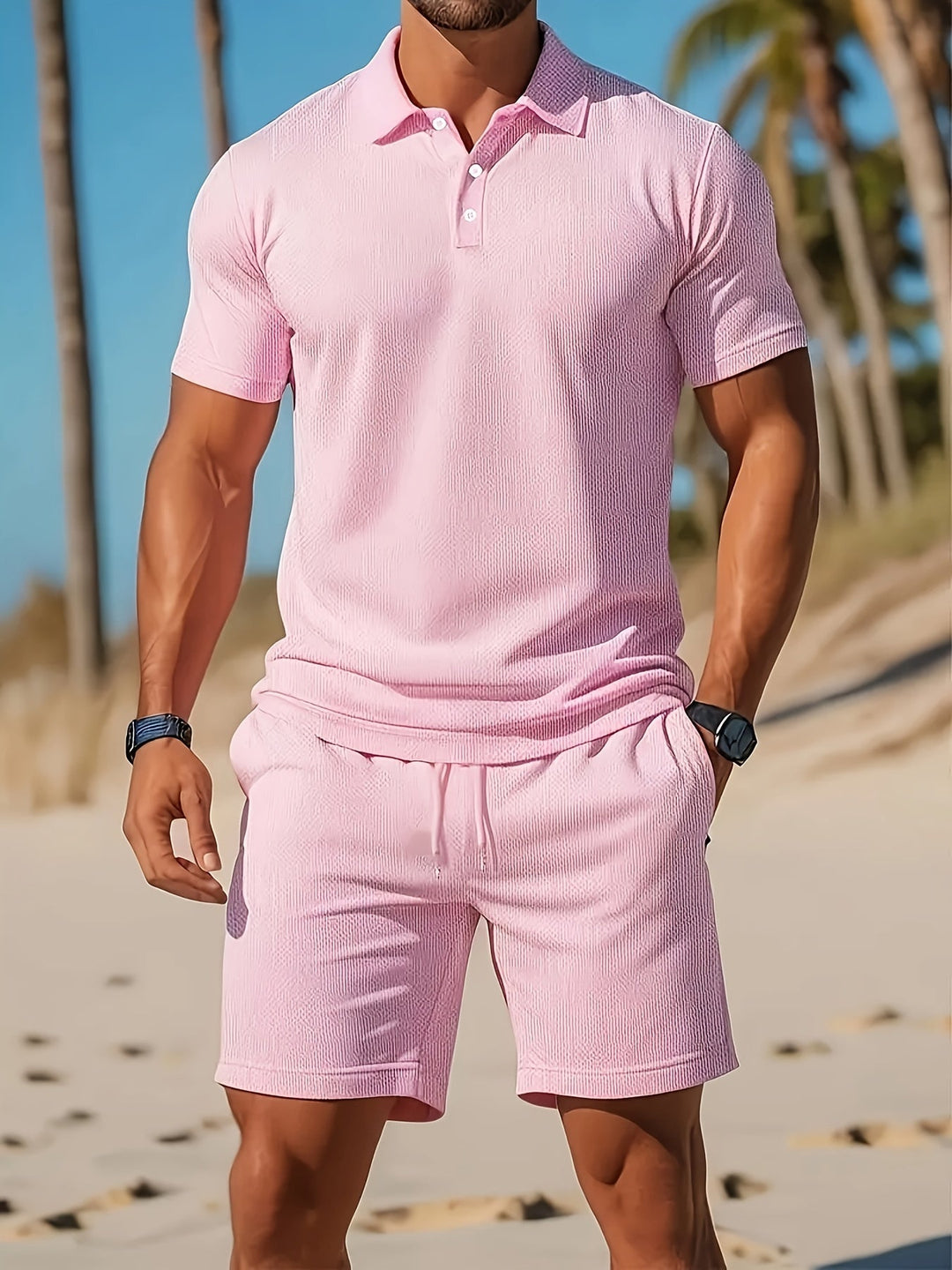 Ensemble polo & short homme couleur unie. Tenue polyvalente décontractée chic, mode masculine pour l'été.