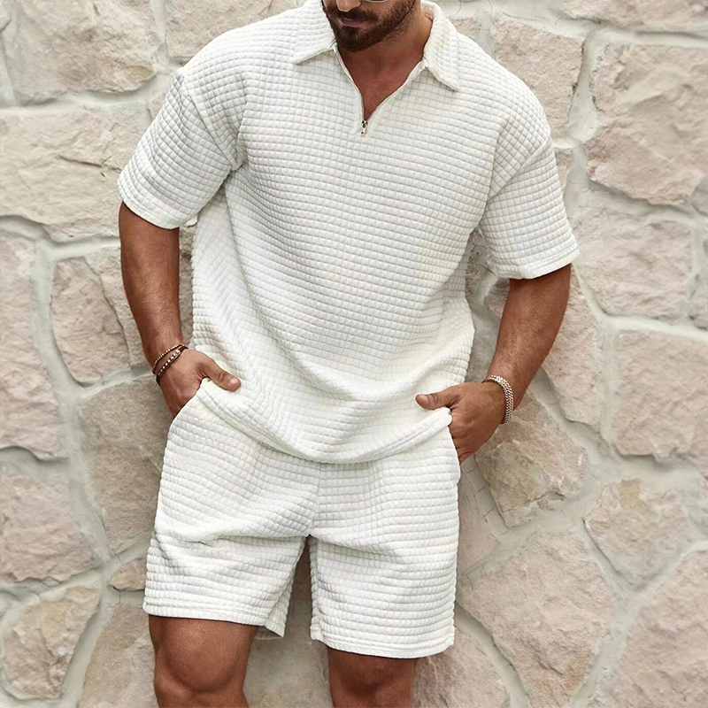 "Ensemble homme décontracté polo manches courtes et short coton mélangé, col classique, boutons, taille élastique."