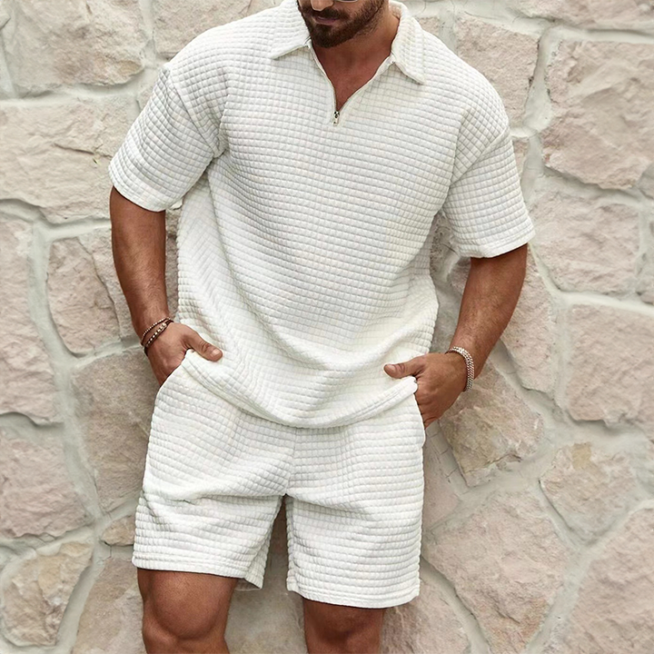 "Ensemble homme décontracté polo manches courtes et short coton mélangé, col classique, boutons, taille élastique."