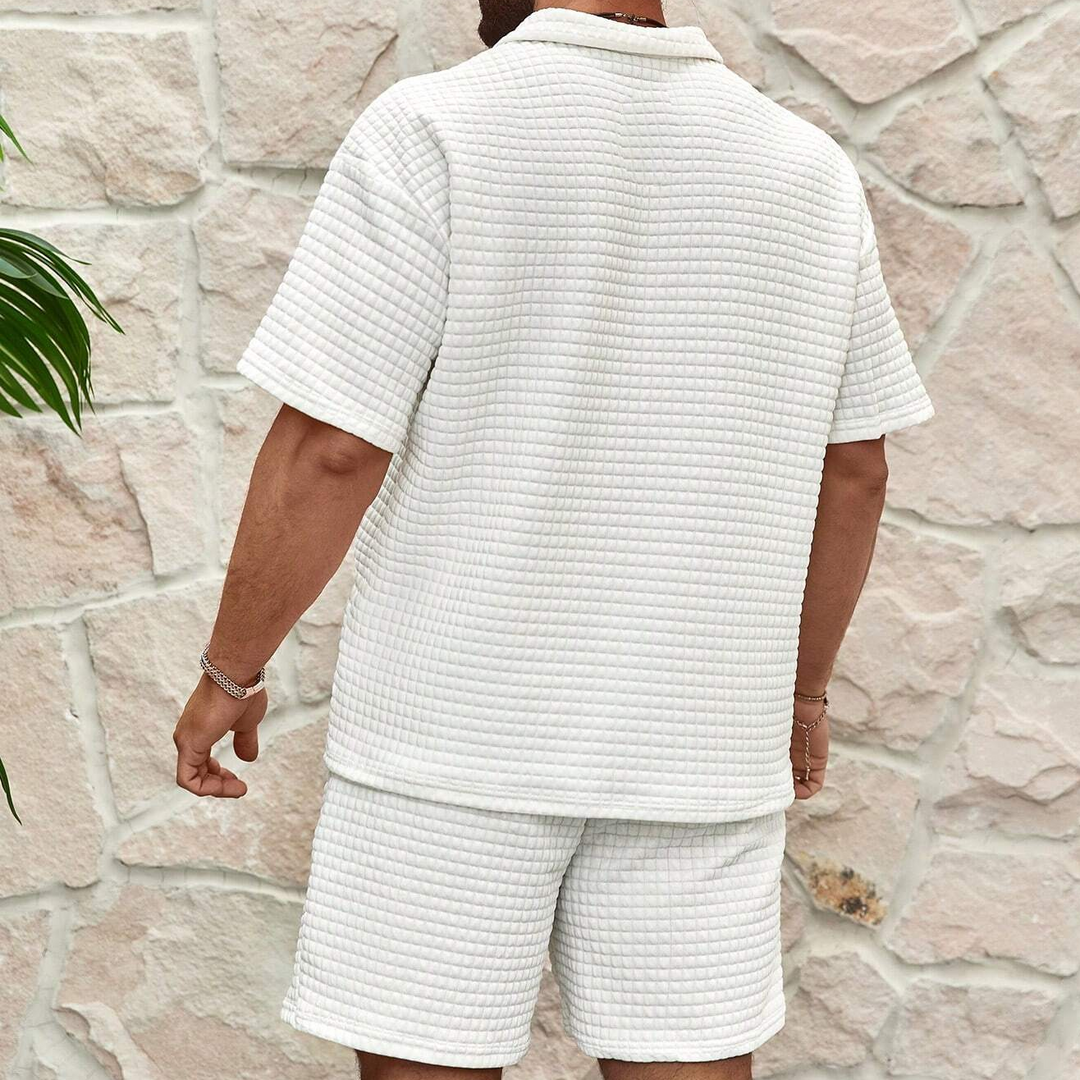 "Ensemble homme décontracté polo manches courtes et short coton mélangé, col classique, boutons, taille élastique."