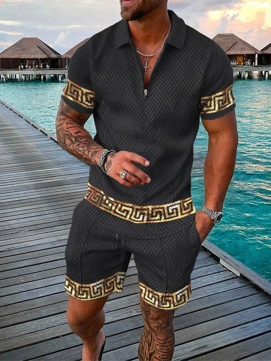 "Ensemble homme estival avec chemise et short, motif géométrique moderne, idéal pour un look décontracté et tendance."