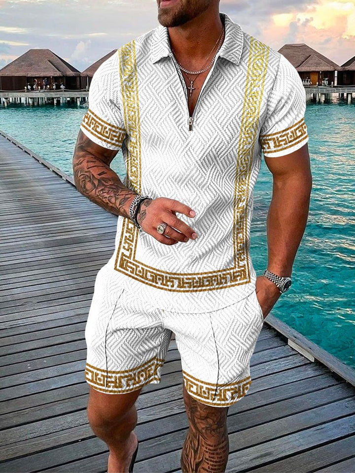"Ensemble homme estival avec chemise et short, motif géométrique moderne, idéal pour un look décontracté et tendance."