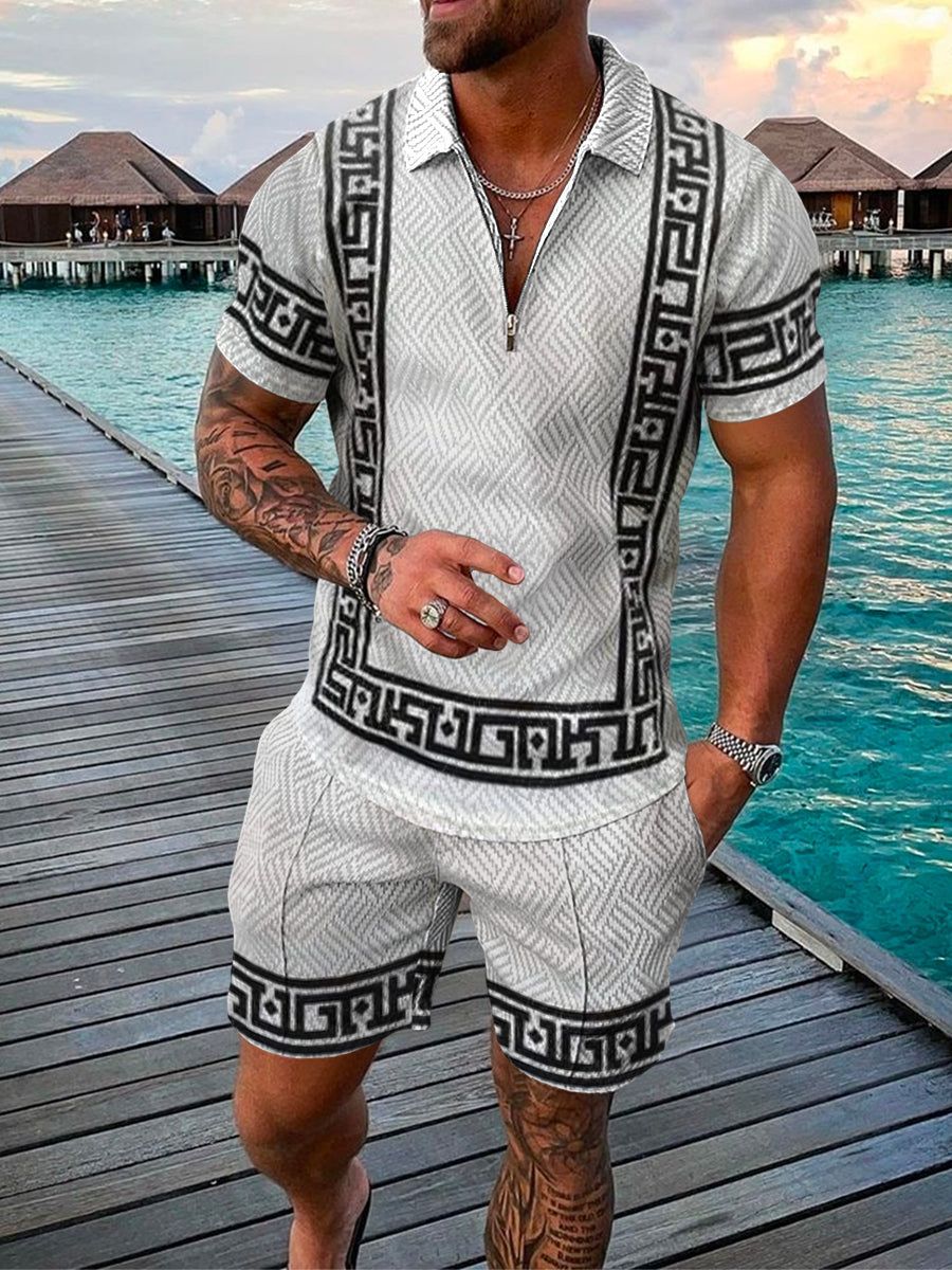 "Ensemble homme estival avec chemise et short, motif géométrique moderne, idéal pour un look décontracté et tendance."
