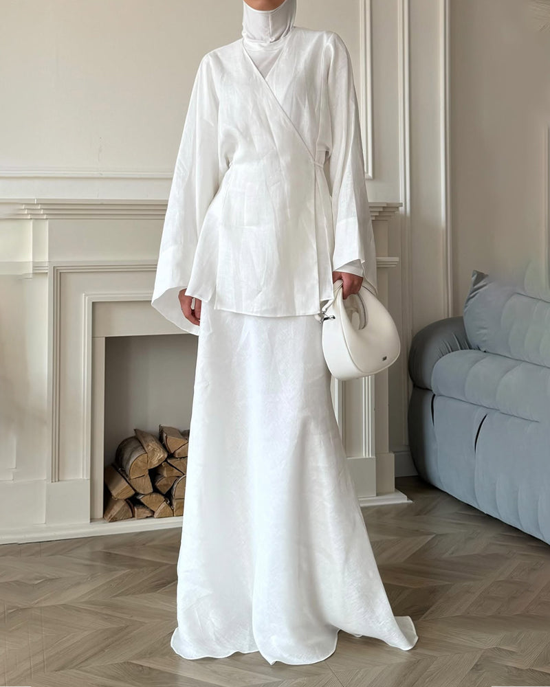 Ensemble jupe longue et tunique coton. Style élégant, coupe fluide.  Parfait pour occasions spéciales.