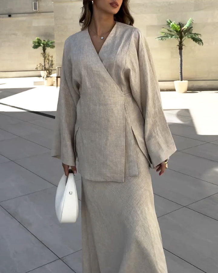 Ensemble jupe longue et tunique coton. Style élégant, coupe fluide.  Parfait pour occasions spéciales.