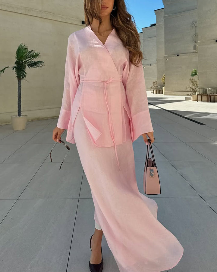 Ensemble jupe longue et tunique coton. Style élégant, coupe fluide.  Parfait pour occasions spéciales.