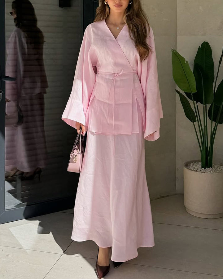 Ensemble jupe longue et tunique coton. Style élégant, coupe fluide.  Parfait pour occasions spéciales.
